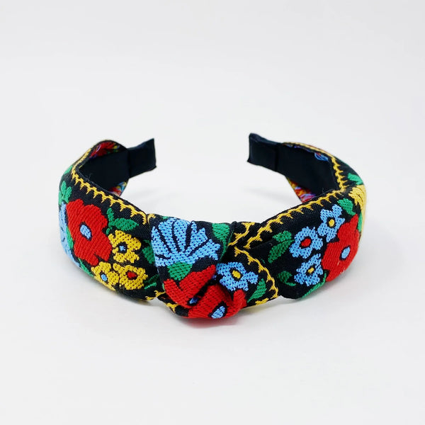 French Floral Embroidered Headband, Black
