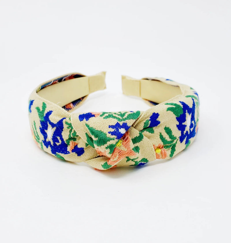 French Floral Embroidered Headband, Blue/Orange